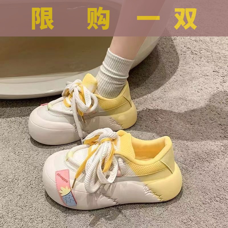 红蜻蜓牌厚底面包鞋女2023春季丑萌鞋粉色潮鞋个性鞋带魔术贴女鞋