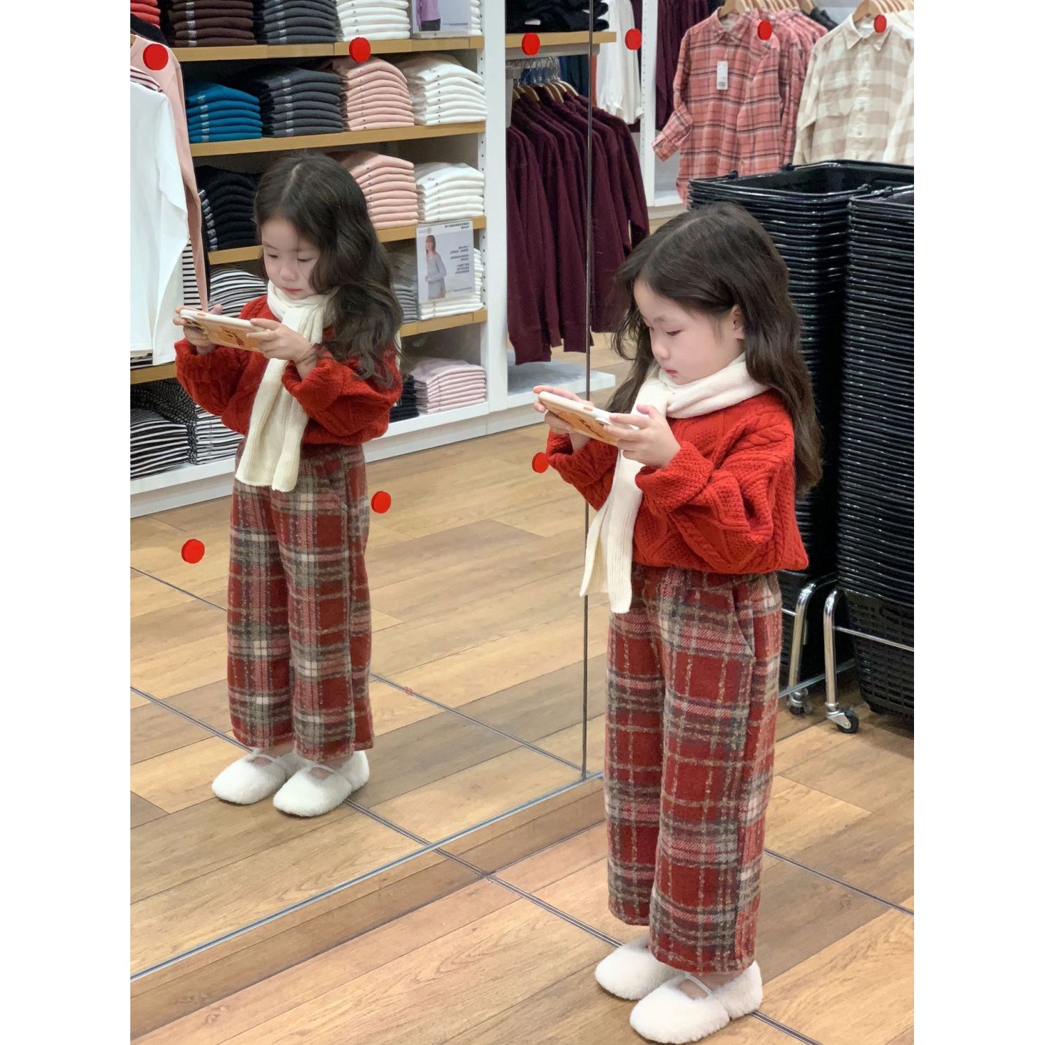 保暖2023秋冬新款女童洋气元旦新年红色套头时尚加厚百搭直筒裤潮