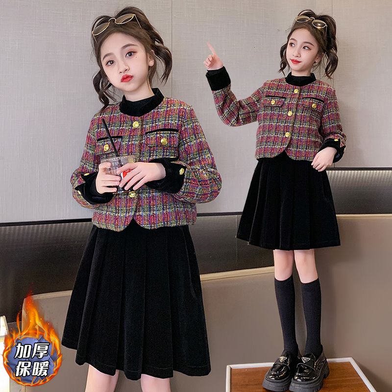 毛呢加厚宝宝裙秋冬2023新款网红加绒儿童套裙中大童时髦两件套