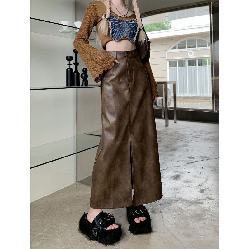 复古港风开叉半身裙女新款炸街纽扣高腰显瘦长裙甜美个性爆款