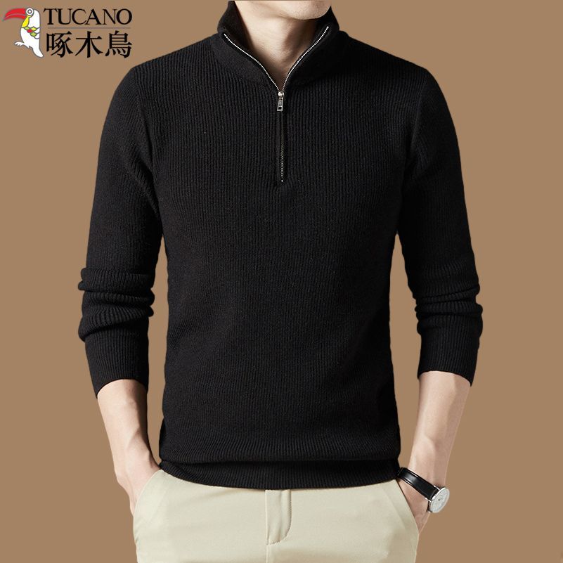 啄木鸟半拉链毛衣男秋冬季加厚高领羊毛衫韩版修身纯色针织打底衫