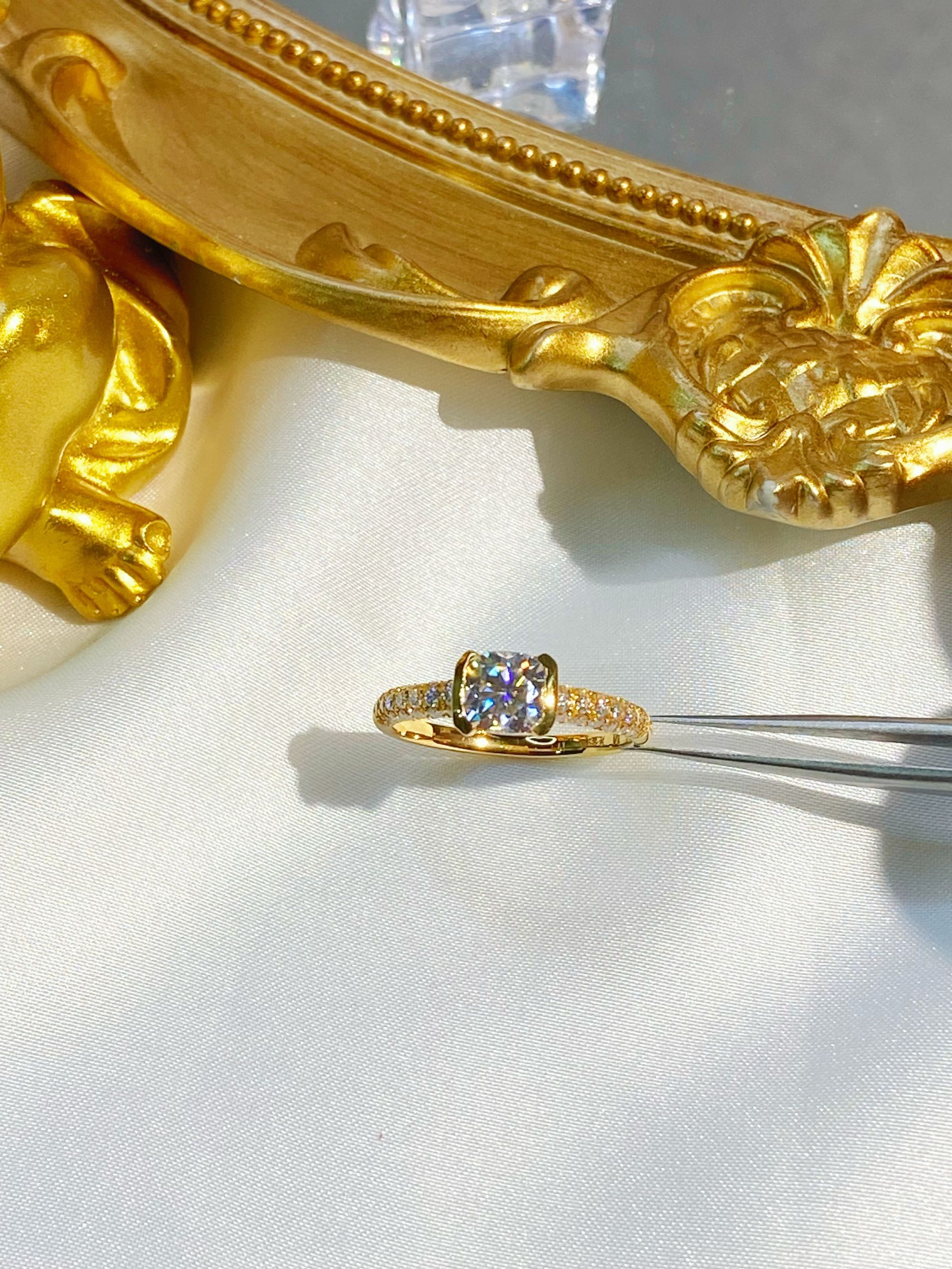 足金999 1克拉方糖戒指  黄金镶嵌莫桑 5G工艺