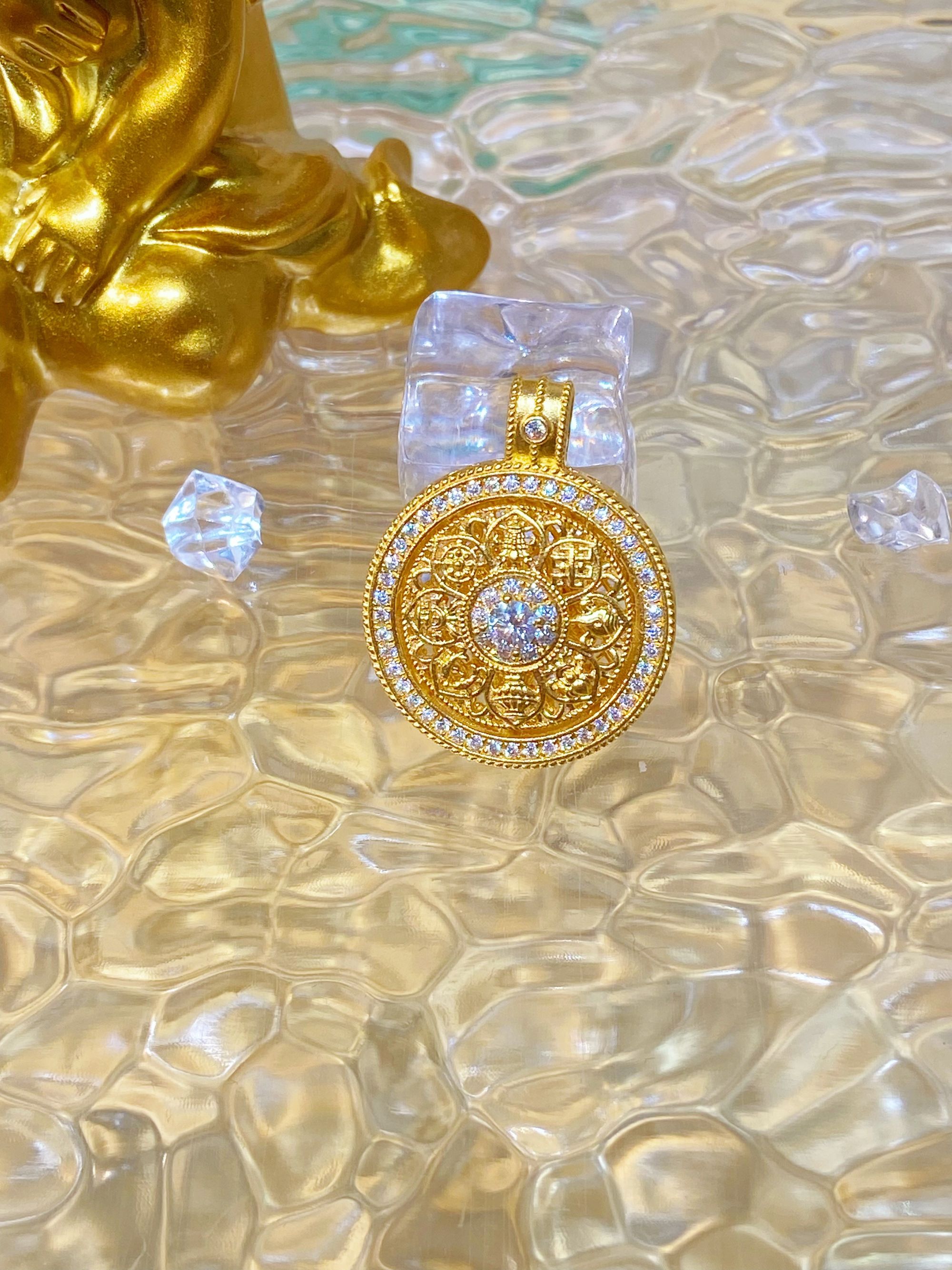 足金999 八宝罗盘吊坠 黄金镶嵌莫桑 5G工艺