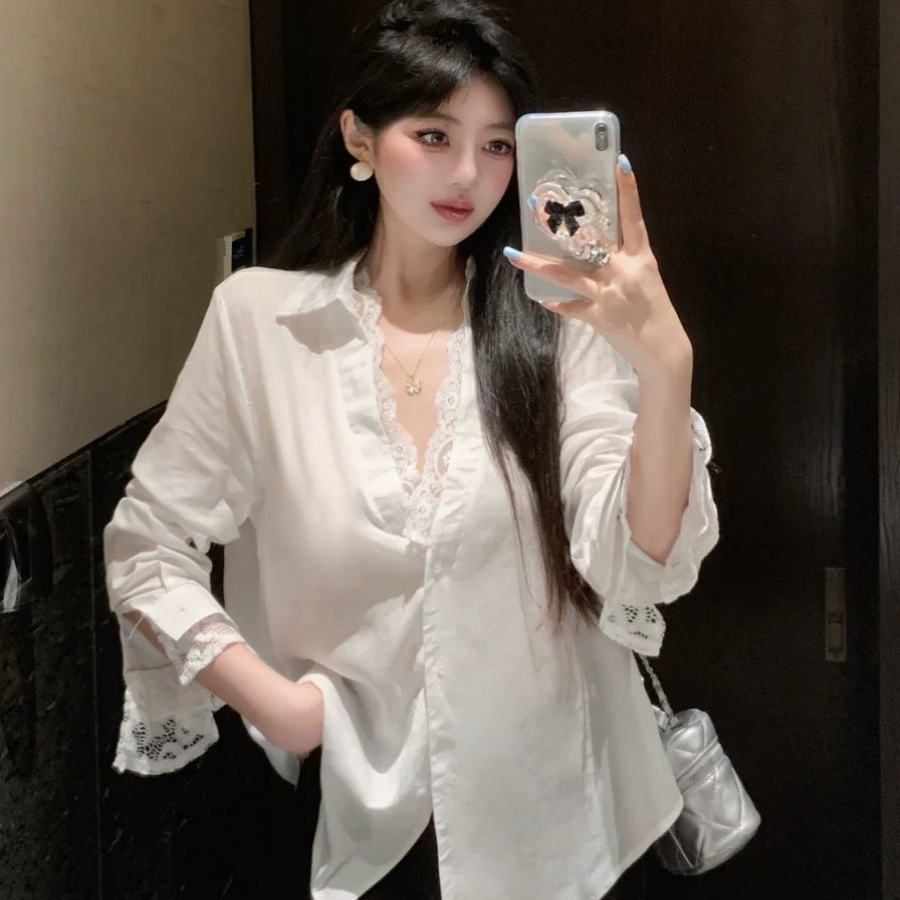 小众纯欲辣妹假两件白色秋冬衬衫女蕾丝气质拼接性感长袖衬衣韩版
