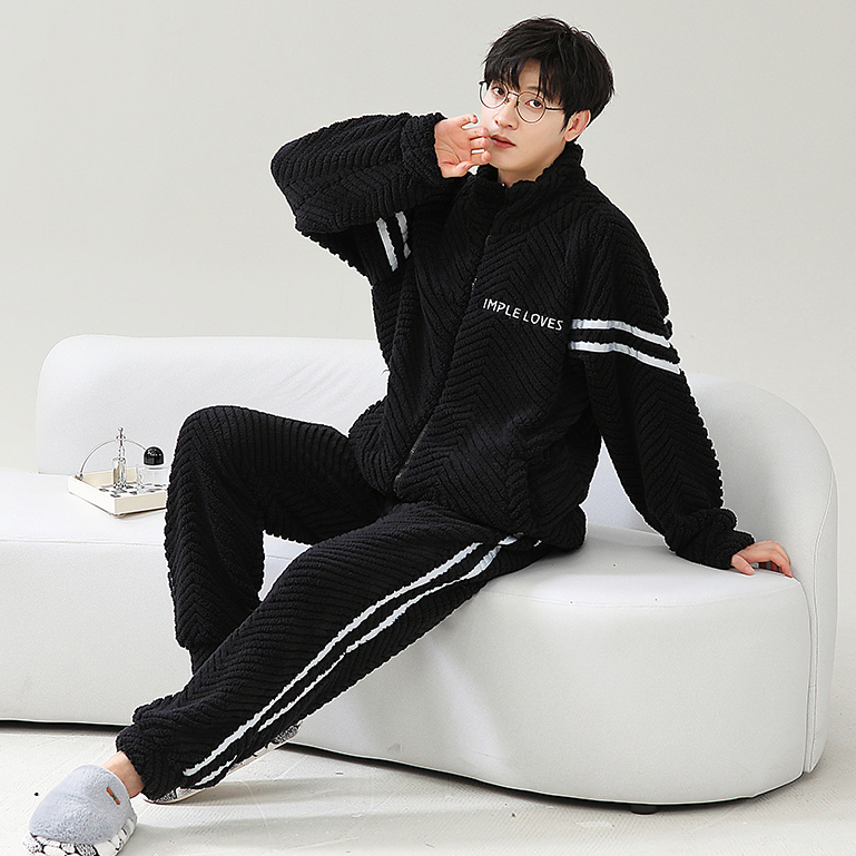 男士睡衣冬季加厚长毛绒提花款简约休闲宽松可外穿保暖家居服套装