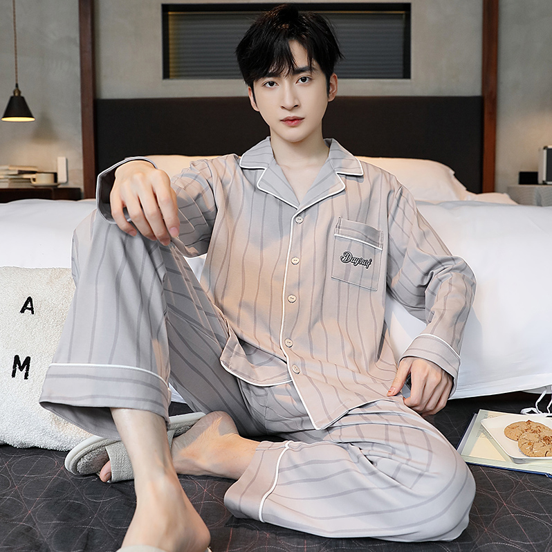 高档男士睡衣春秋款长袖开衫青少年简约休闲宽松可外穿家居服套装