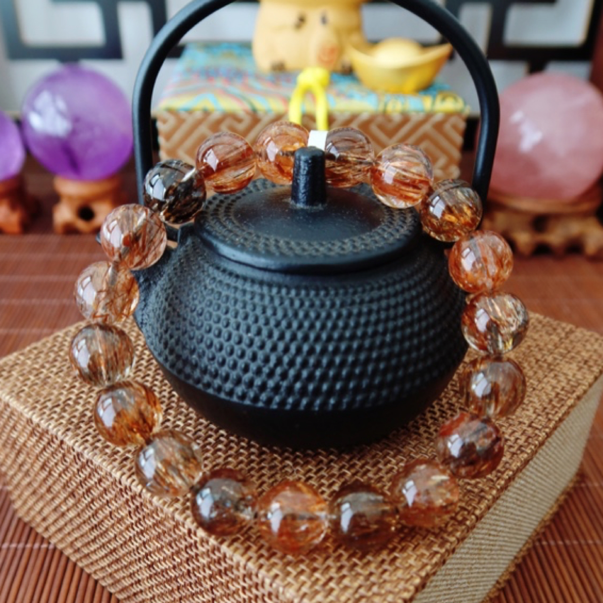 【悦玺010】天然精品黑金超七发晶双轮云母骨干水晶手串手链