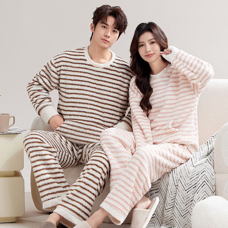 冬季情侣女士双长简约半边绒套头睡衣男款休闲条纹加绒加厚