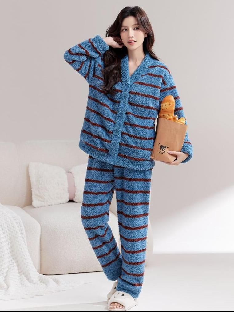半边绒睡衣女加绒加厚保暖冬季条纹长袖外穿家居服套装