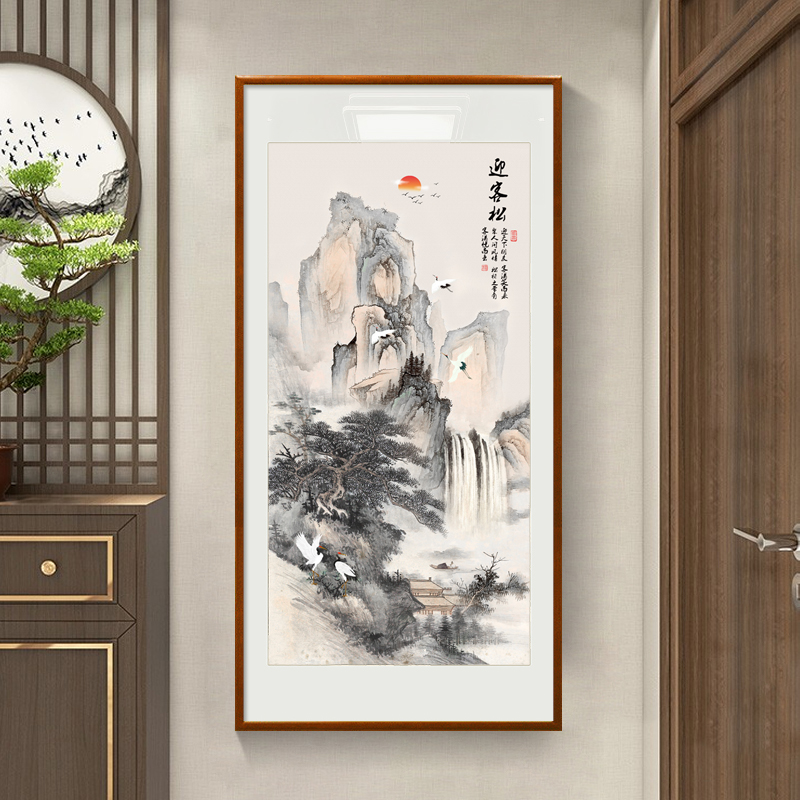 迎客松十字绣2023新款线绣客厅竖版玄关风景山水国画手工自己绣
