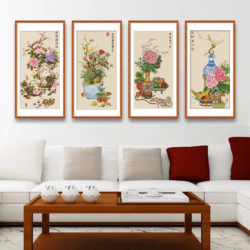 岁朝清供图十字绣2023新款绣竖版客厅玄关经典复古国画花卉手工绣