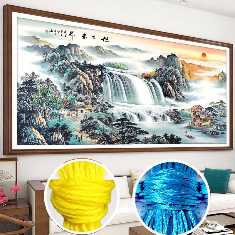 流水生财十字绣刺绣新款印花客厅风景画山水旭日东升简约山水画