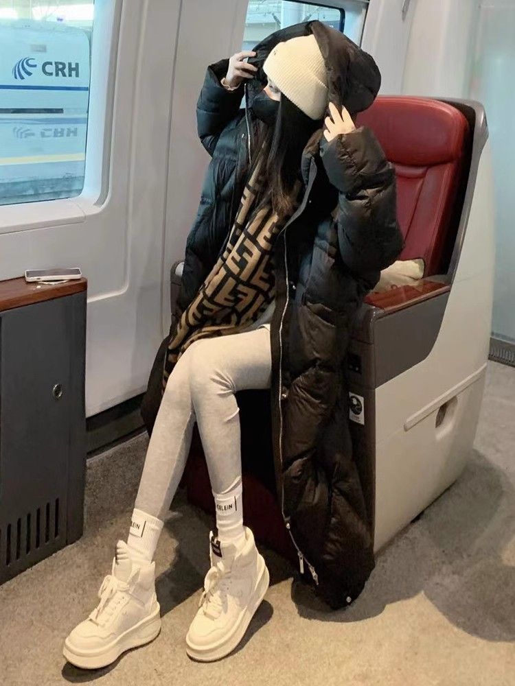 羽绒棉服白色过膝长款羽绒棉服女2023冬装时尚设计师款连帽拉链面