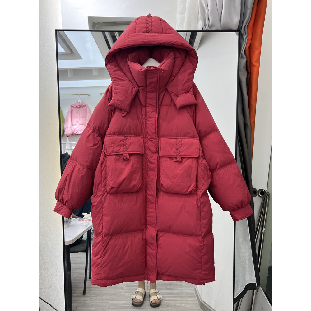 乐乐2023年韩版反季新款羽绒服女中长款连帽白鸭绒过膝加厚宽松