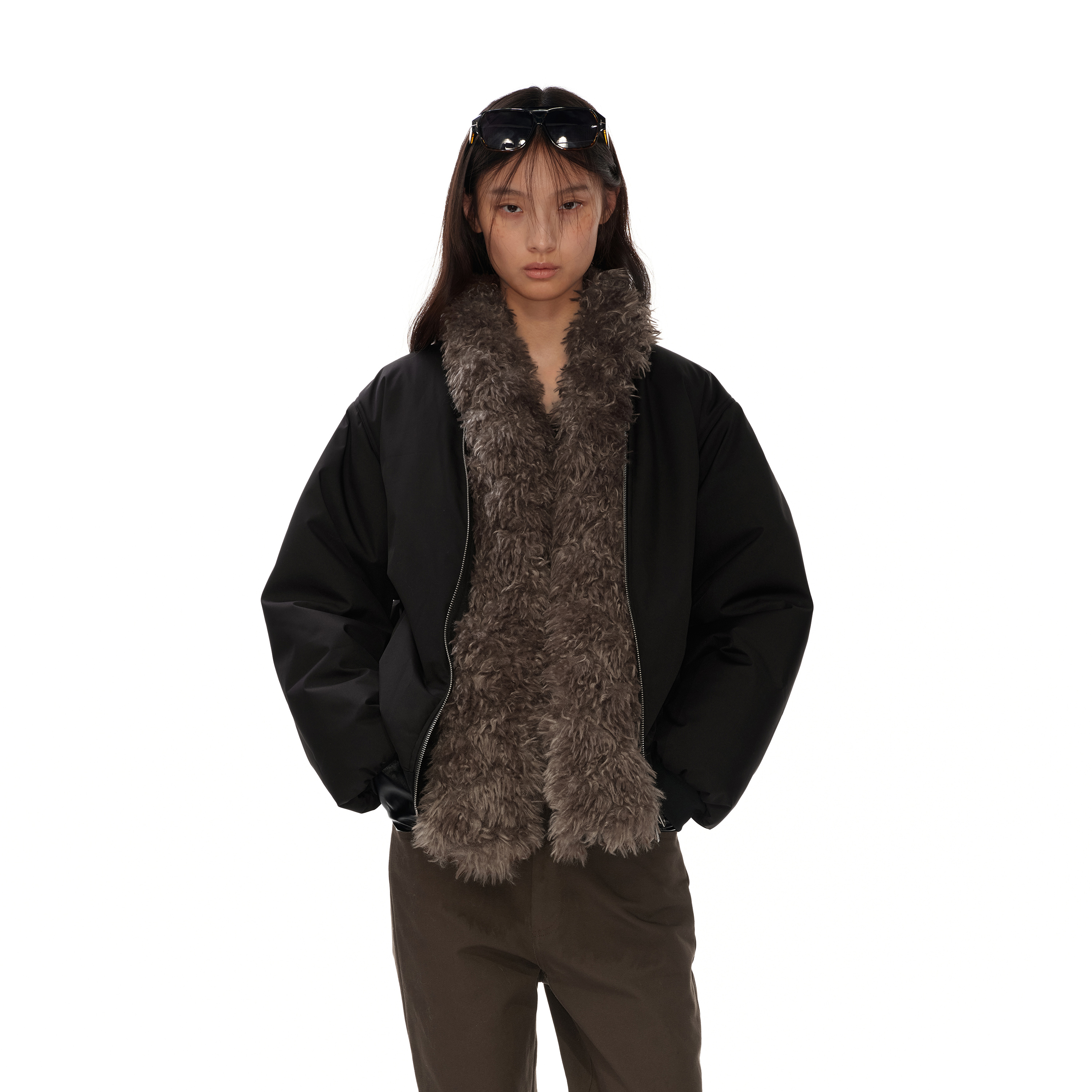NUTH黑色宽松可拆卸毛领bomber棉服夹克保暖外套女秋冬Y