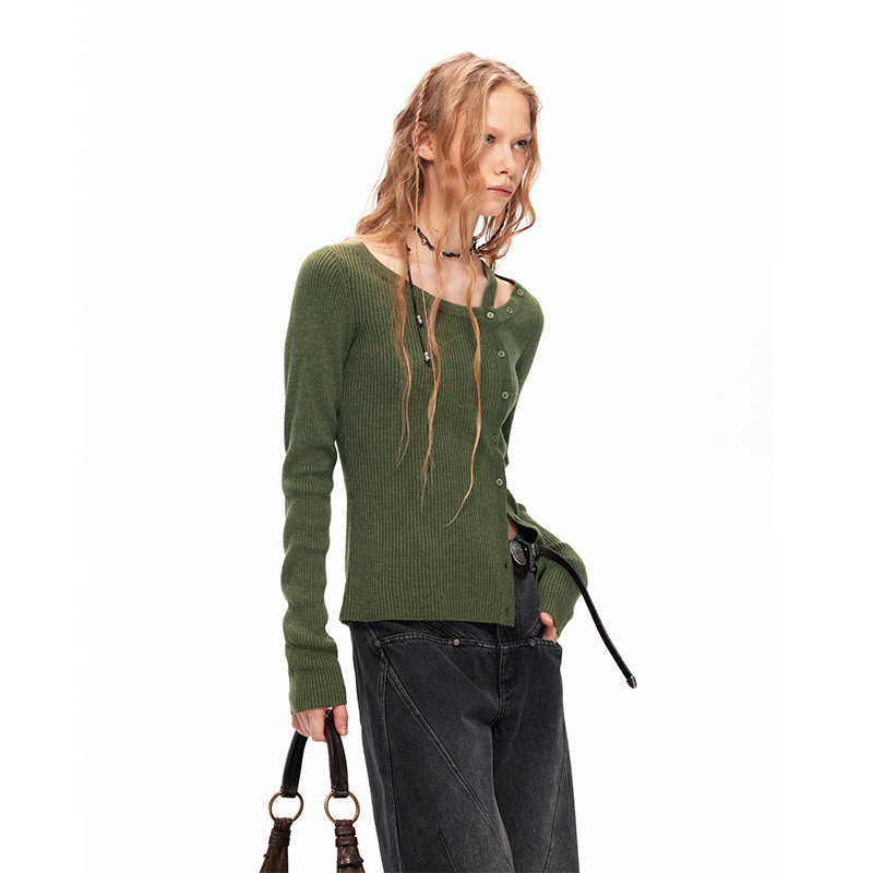 NUTH长袖针织衫女修身不对称简约百搭开衫上衣