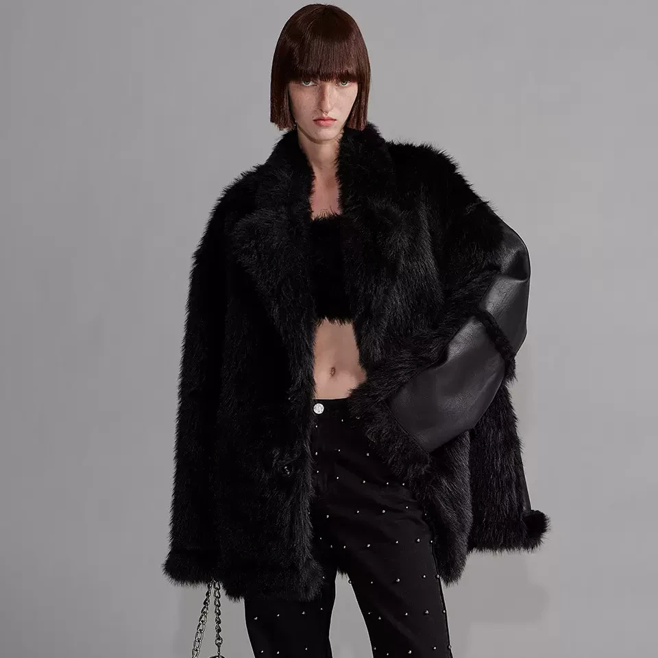 NUTH“移调曲”｜黑色大衣中长款宽松皮毛一体外套