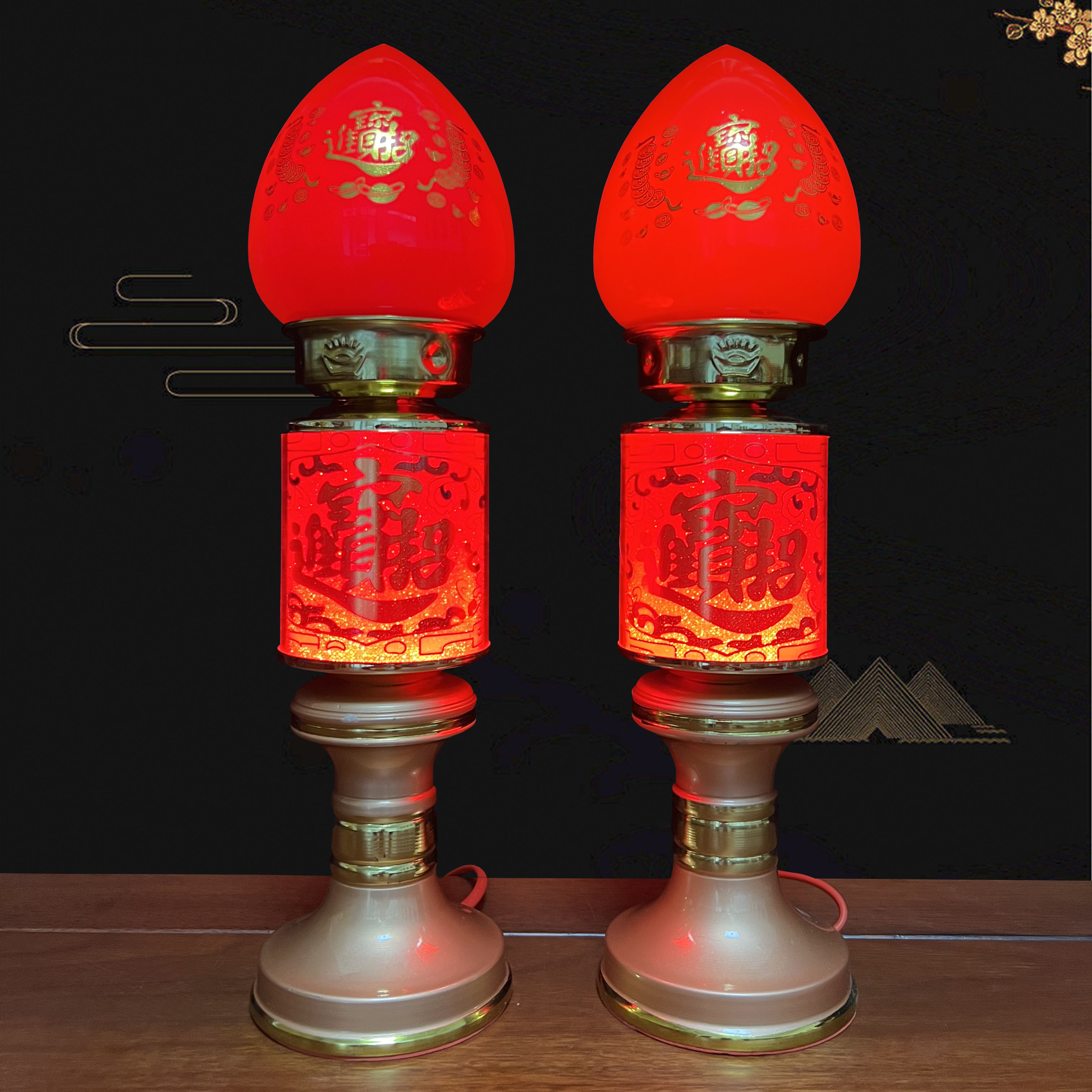 高档合金玻璃波灯家居插电红色节能长明灯一对居家灯泡新年摆件
