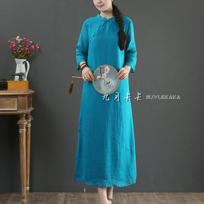 九月卡卡原创纯苎麻旗袍裙夏季七分袖大码文艺纯色A字连衣裙6126