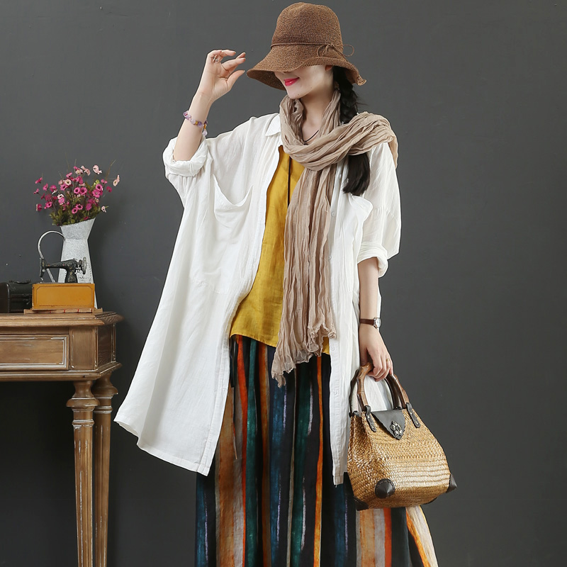 秋装 文艺棉麻大码女装大口袋宽松长袖  白色衬衫 外套 9550