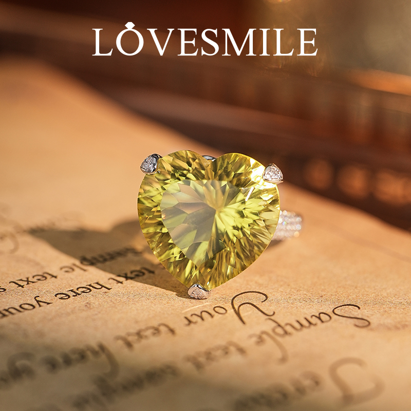 S925银黄晶戒指柠檬晶戒指心形轻奢大气时尚精美      