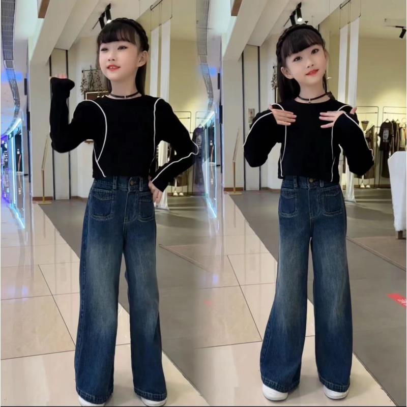 女童套装2025春秋新款中大童洋气法式T恤上衣牛仔阔腿裤套装时尚