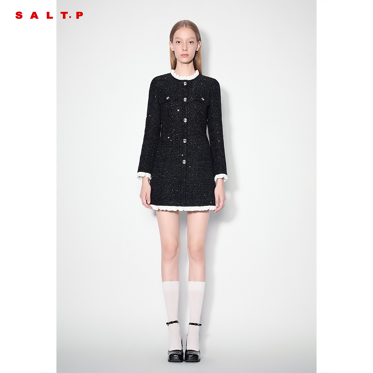 SALT.P可颜珠片粗花呢小香风荷叶边拼接千金风连衣裙2024冬