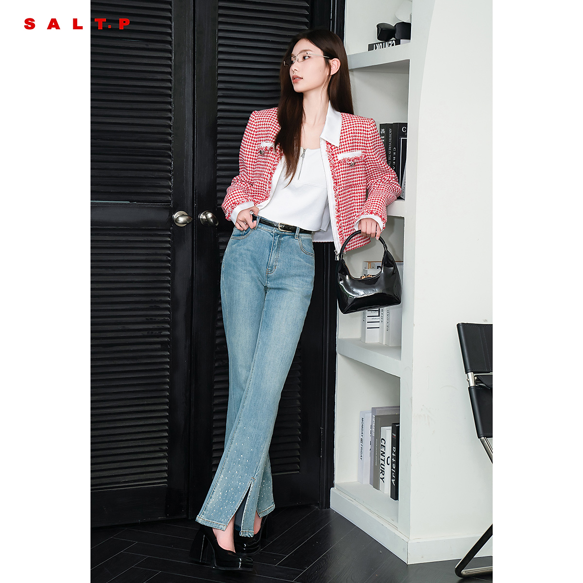 SALT.P可颜秋撞色翻领甜美减龄花纱粗花呢小香风短外套