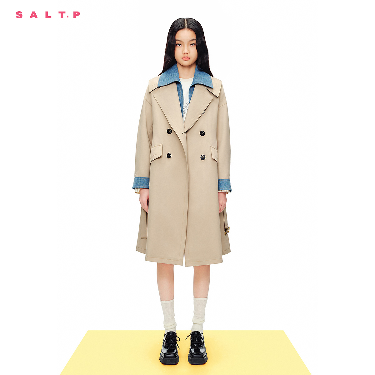 【粉丝专享】SALT.P可颜可拆牛仔翻领复古假两件外套风衣春