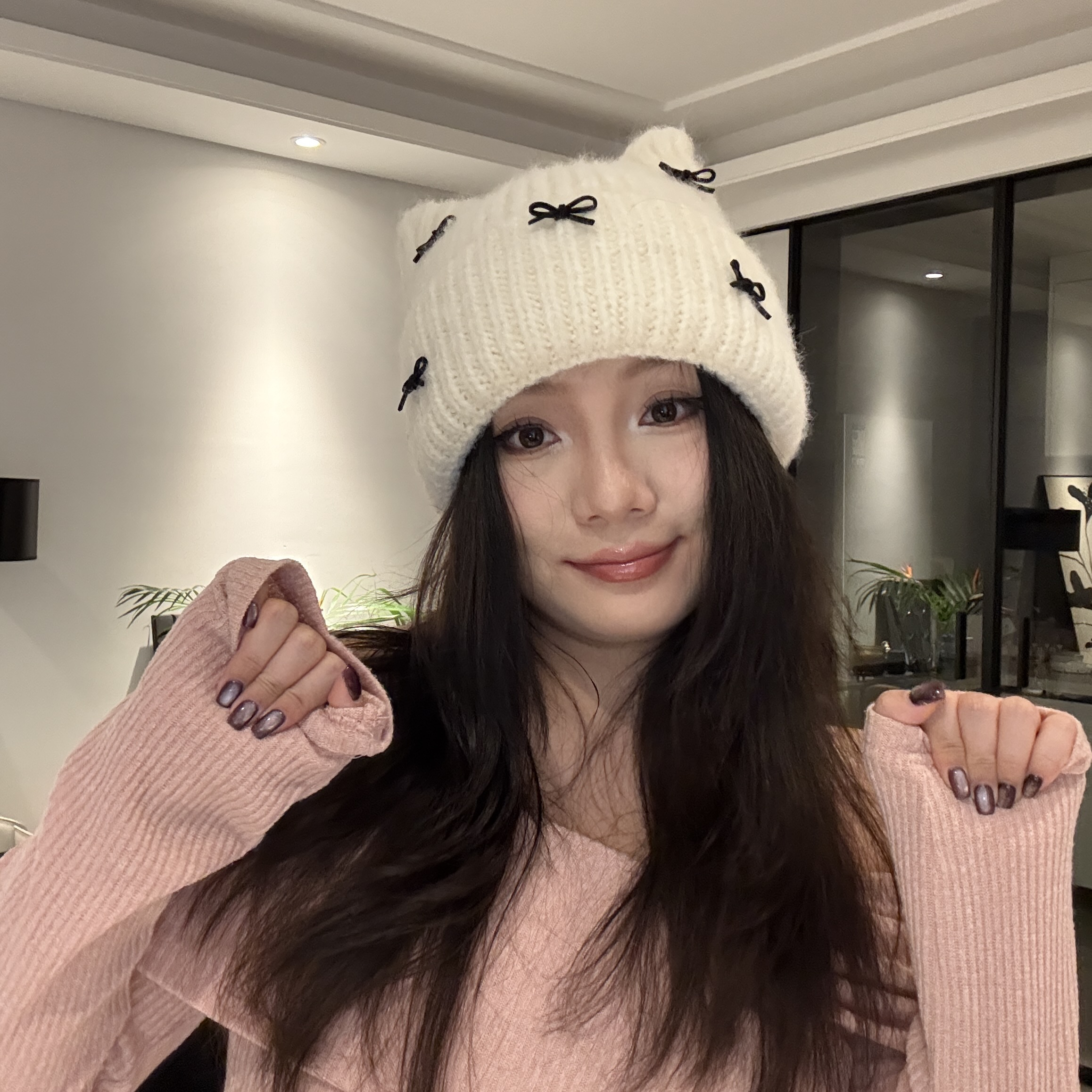 265 大头63cm可戴粗针织彩色蝴蝶结小猫帽