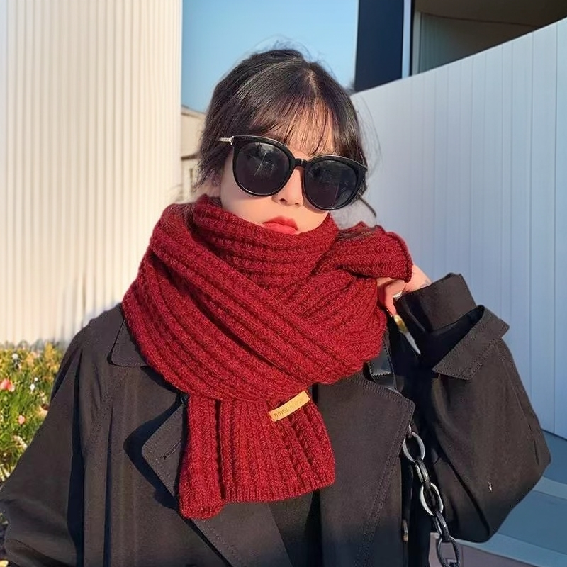 红色围巾女冬天2025新款毛线针织韩版甜美保暖纯色围巾围巾女孩