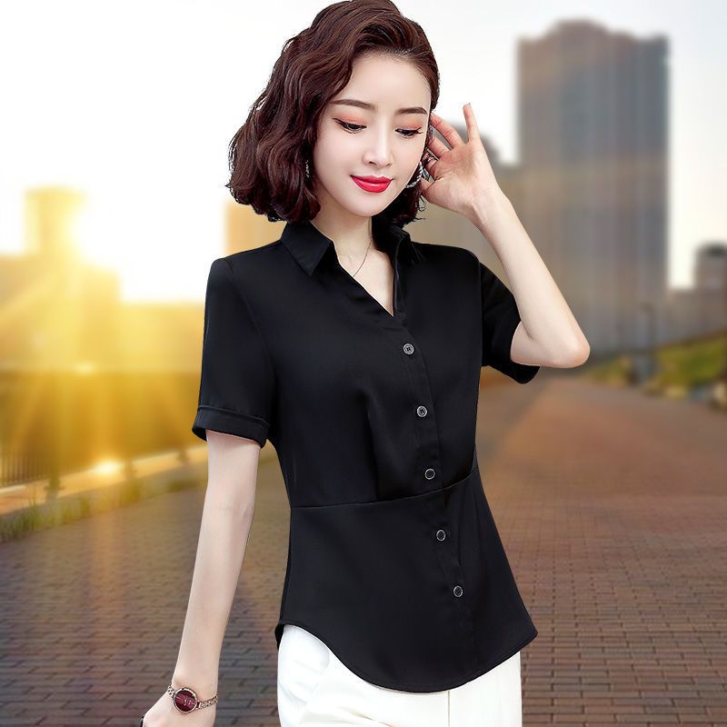 2022年夏季妈妈装新款雪纺衬衣收腰衬衫女短袖裙摆小衫洋气上衣