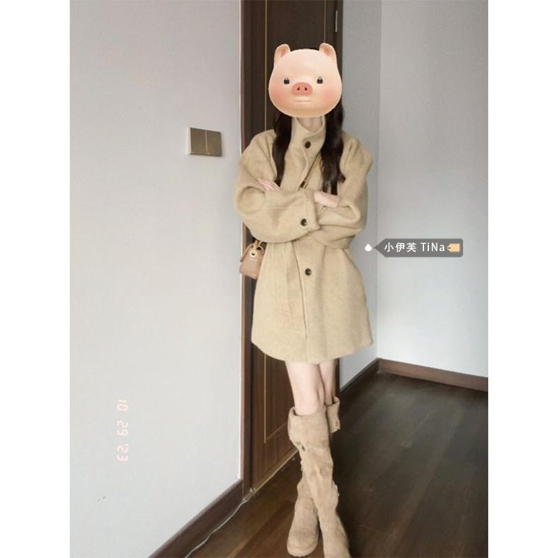 慵懒风韩版高领毛呢外套女秋冬季2023新款法式小个子加厚呢子大衣