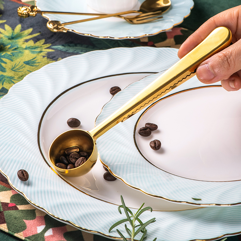 INGRI英格丽 「咖啡勺夹」陶瓷创意金色勺子零食密封夹咖啡量勺