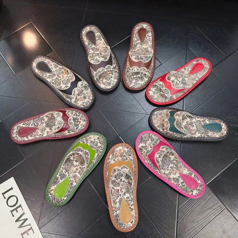 欧式印花低帮真牛皮凉拖鞋男女防滑居家室内上线夏季情侣新款拖鞋