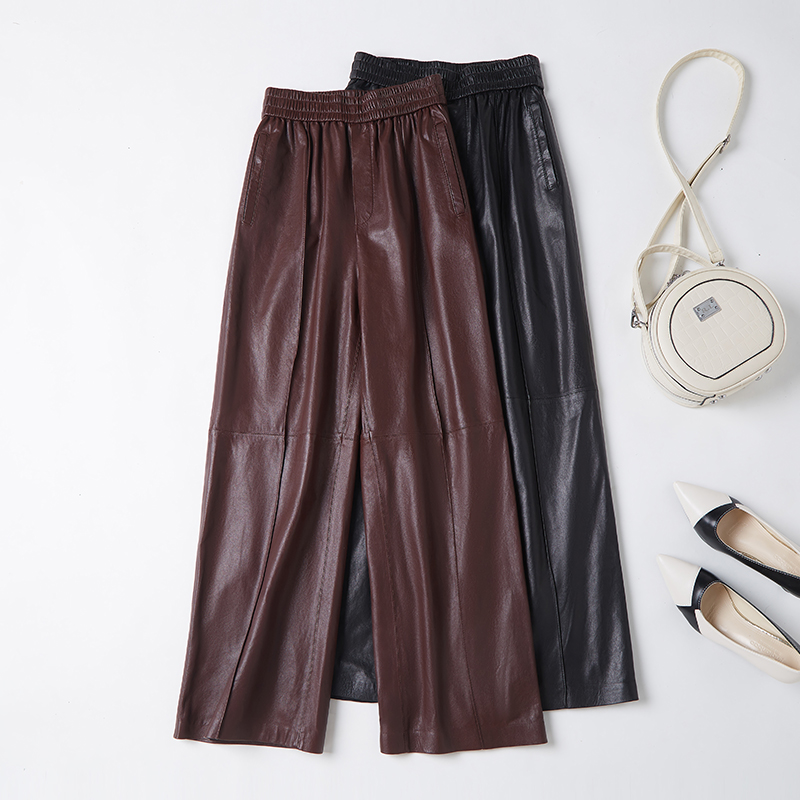 2024春秋新款 植鞣绵羊皮真皮皮裤女高腰显瘦阔腿裤休闲直筒长裤
