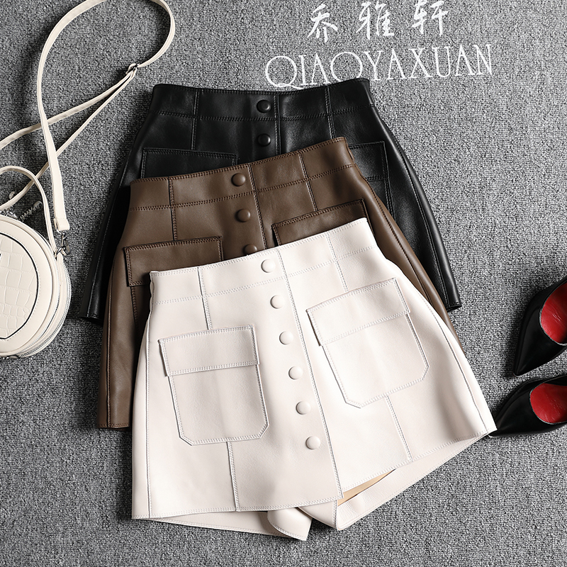 2024新款秋冬单排扣真皮裙裤女a字皮短裤阔腿百搭显瘦小羊皮女裤