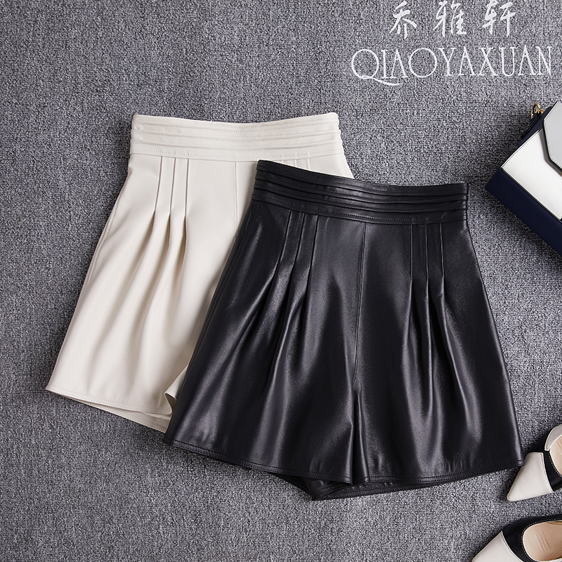 绵羊皮真皮皮裤2024秋季新品高腰包臀a字阔腿裤立体打褶显瘦短裤