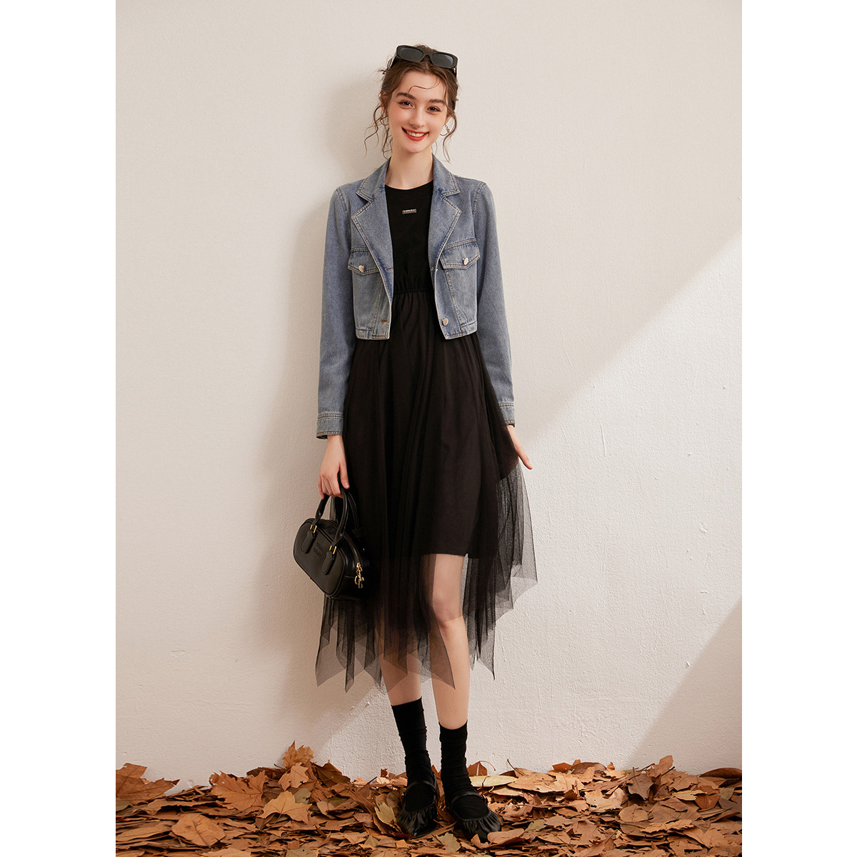 白鹿语新翻领牛仔外套不规则网纱裙设计感两件套套装（播）BL10204