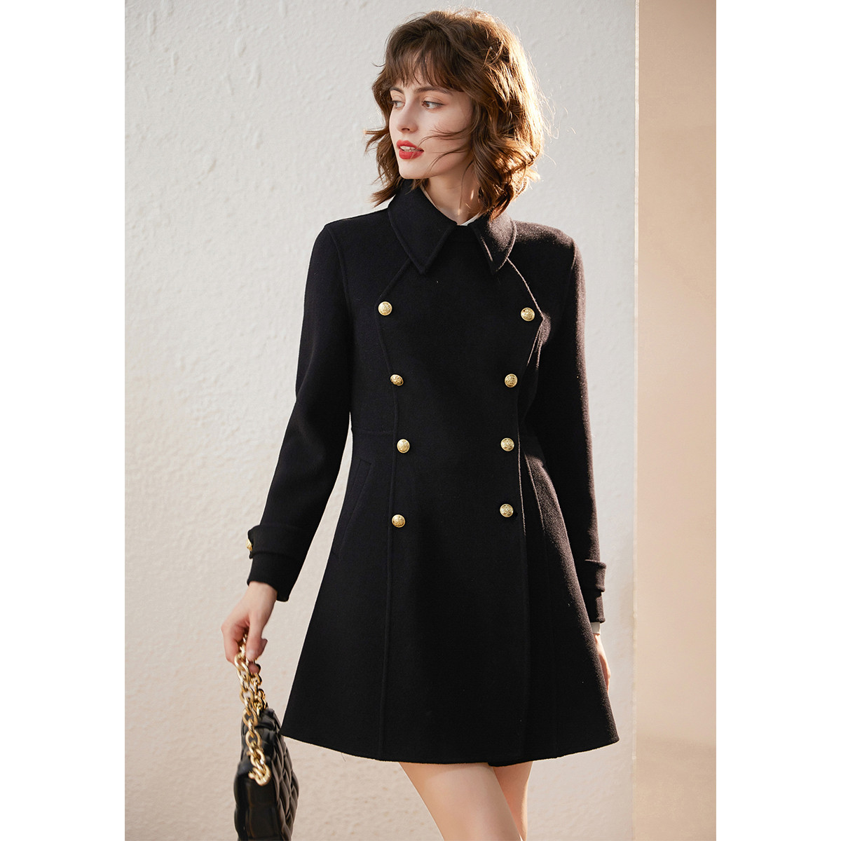 白鹿语冬季新款时尚通勤气质优雅羊毛混纺外套WBX10103