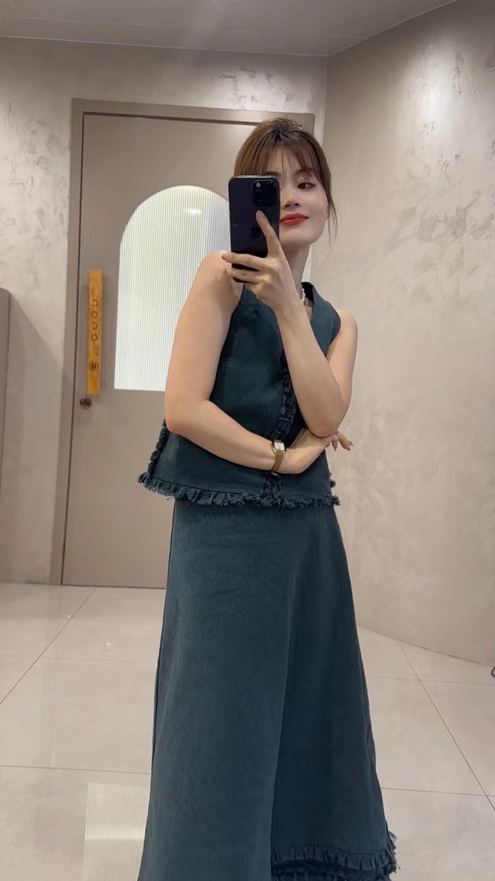 原创设计师款蓝色流苏两件套套装