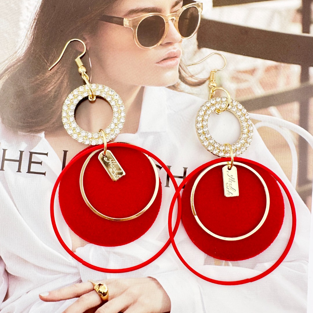 铜合金合成锆石耳饰 红色大圆圈夸张洋气长款时尚耳饰耳环耳圈