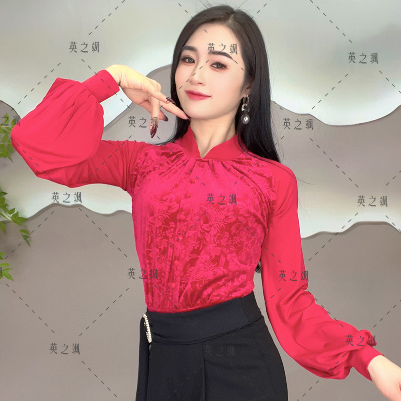 【英之飒】2168丝绒长袖连体显瘦长袖舞服性感上衣时尚百搭跳舞上衣