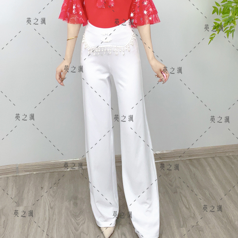 【英之飒】k785新款珍珠链直筒舞蹈裤舞裤水兵舞吉特巴直筒裤红色