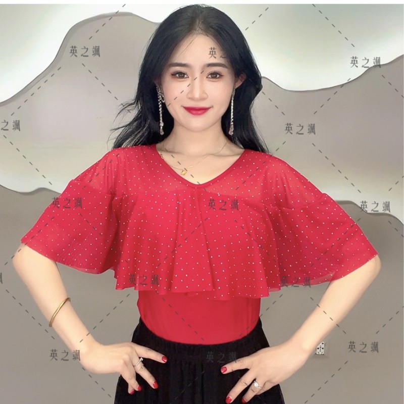 【英之飒】23028款烫钻小众小衫一字肩修身显瘦遮肉百搭波点女装