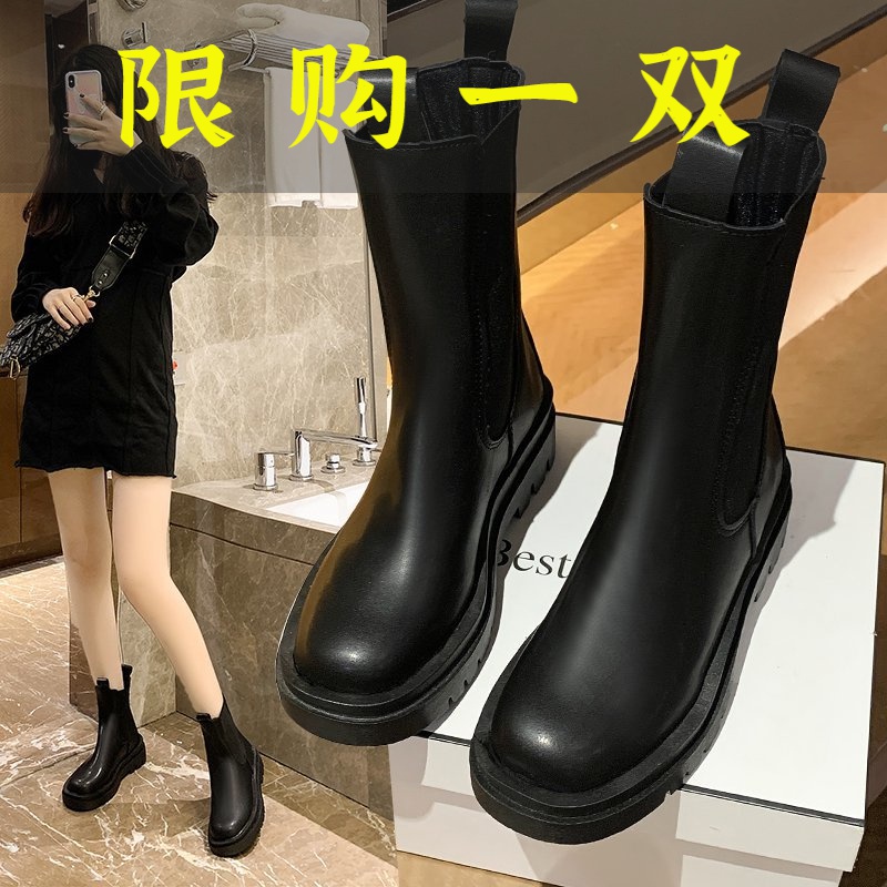 百丽纯爱烟管马丁靴女鞋子2023春秋新款时尚百搭中筒靴厚底短靴