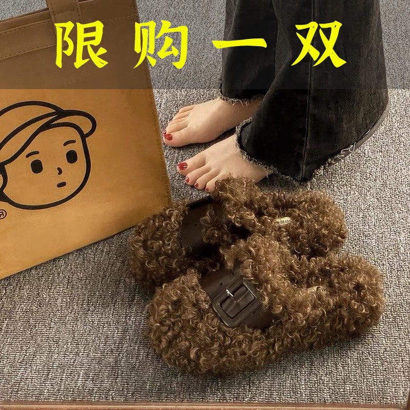 百丽纯爱高级感羊卷毛毛鞋女外穿2023年秋冬季新款网红百搭小众