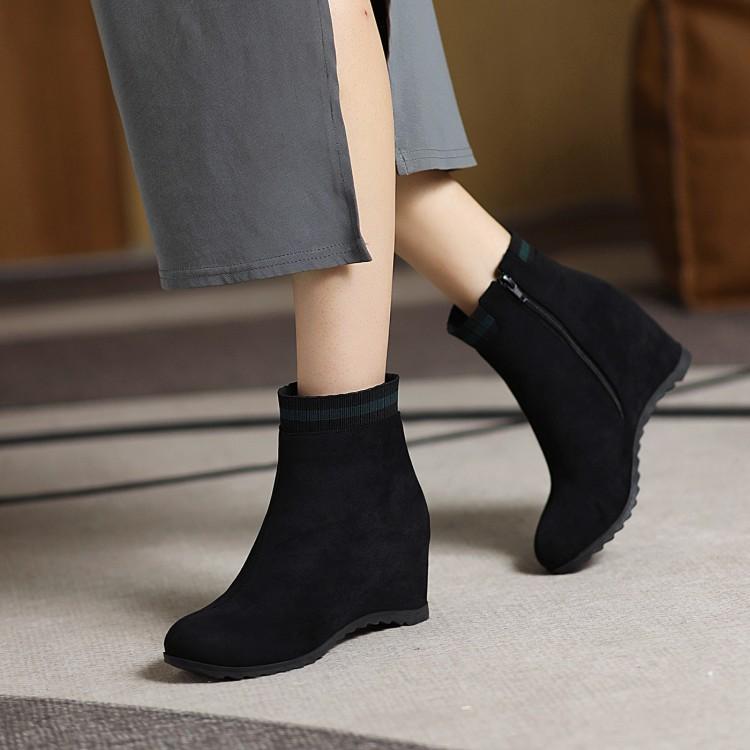 百丽纯爱女靴中筒靴女秋冬季内增高中跟马丁靴黑色短靴坡跟大码41