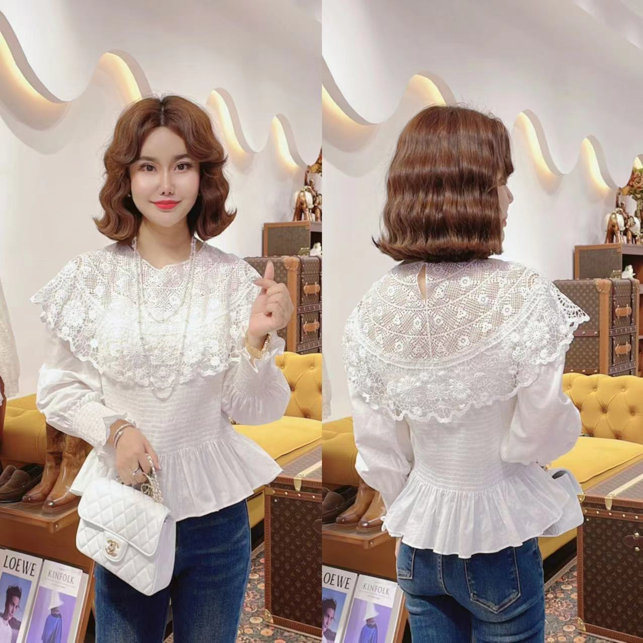 闺蜜精品090513【七月海】镂空花朵披肩收腰衬衫