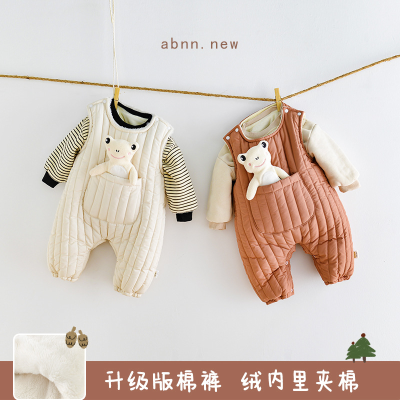 abnn冬婴幼儿男女宝绗棉加厚短爬背带裤新生儿棉裤连体衣宝宝保暖